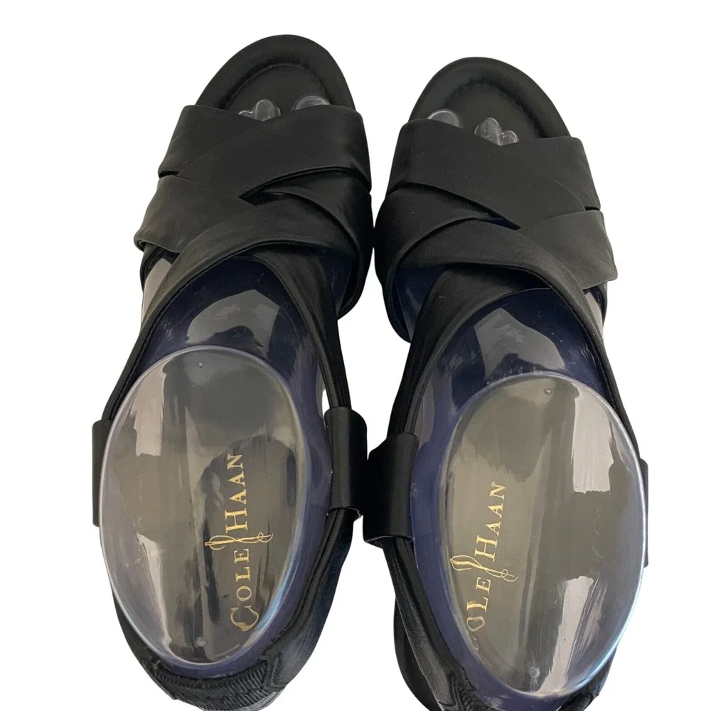 Cole‎ Haan Women's Black Leather Strappy Wedge Heels Sling Back 7.5